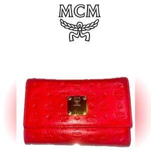 Authentic MCM Visetos Embossed Leather Trifold Long Wallet – Vibrant Red
